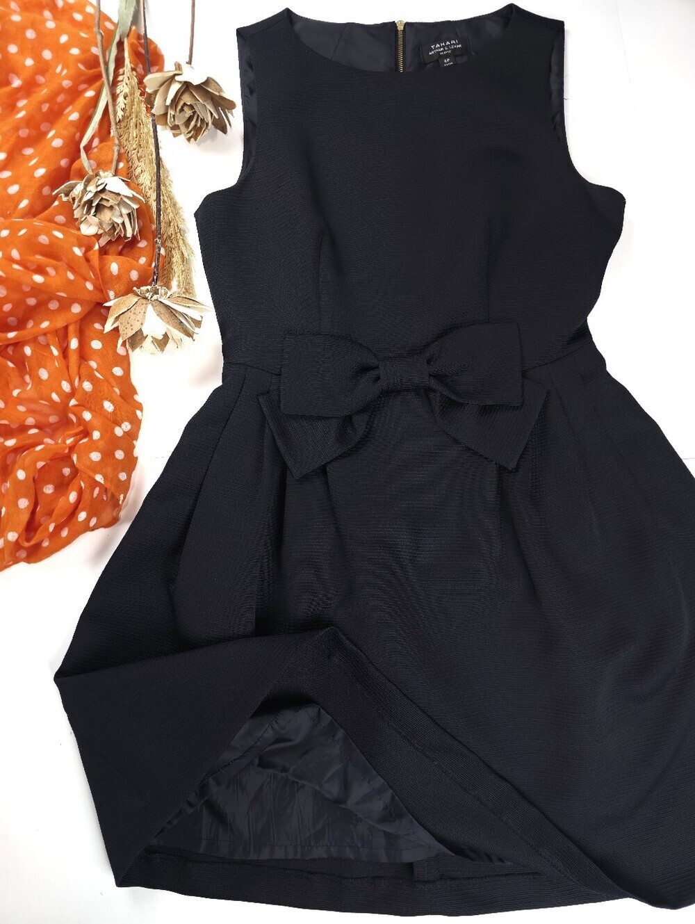 Tahari Gorgeous Black Sleeveless Bow Waist Party Dress Sz 6p
